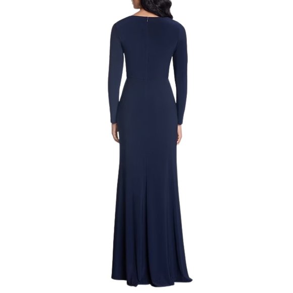 NWT Betsy & Adam Long Sleeve Surplice V-Neck Front Slit Side Ruched Gown in Navy - Picture 4 of 5